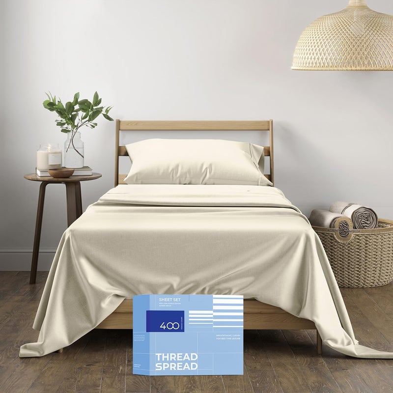 THREAD SPREAD 100% Cotton Twin Sheet Set - 400 Thread Count, 3 PC, Cooling & Luxury Sateen, 16" Deep Pocket, Breathable for Dorm Room (Ivory) - Image 1